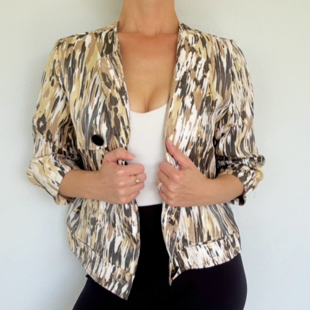 Ruby Rd. Petite abstract brown metallic glitter finish crop jacket size 12P